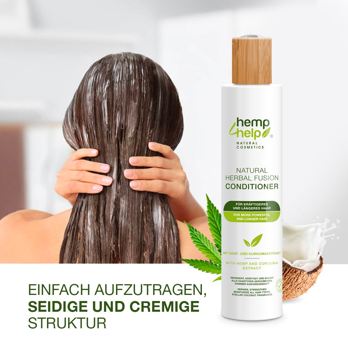 Persoon met conditioner in het haar. Fles conditioner ernaast. Tekst: Gemakkelijk aan te brengen, zijdezachte en romige structuur.