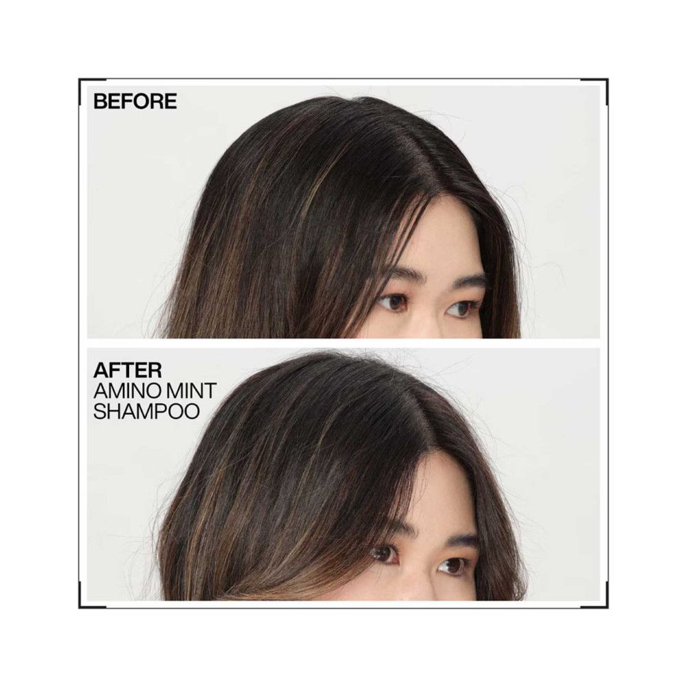 Voor-en-na vergelijking. Boven: haar voor gebruik. Onder: haar na gebruik van Amino Mint shampoo.