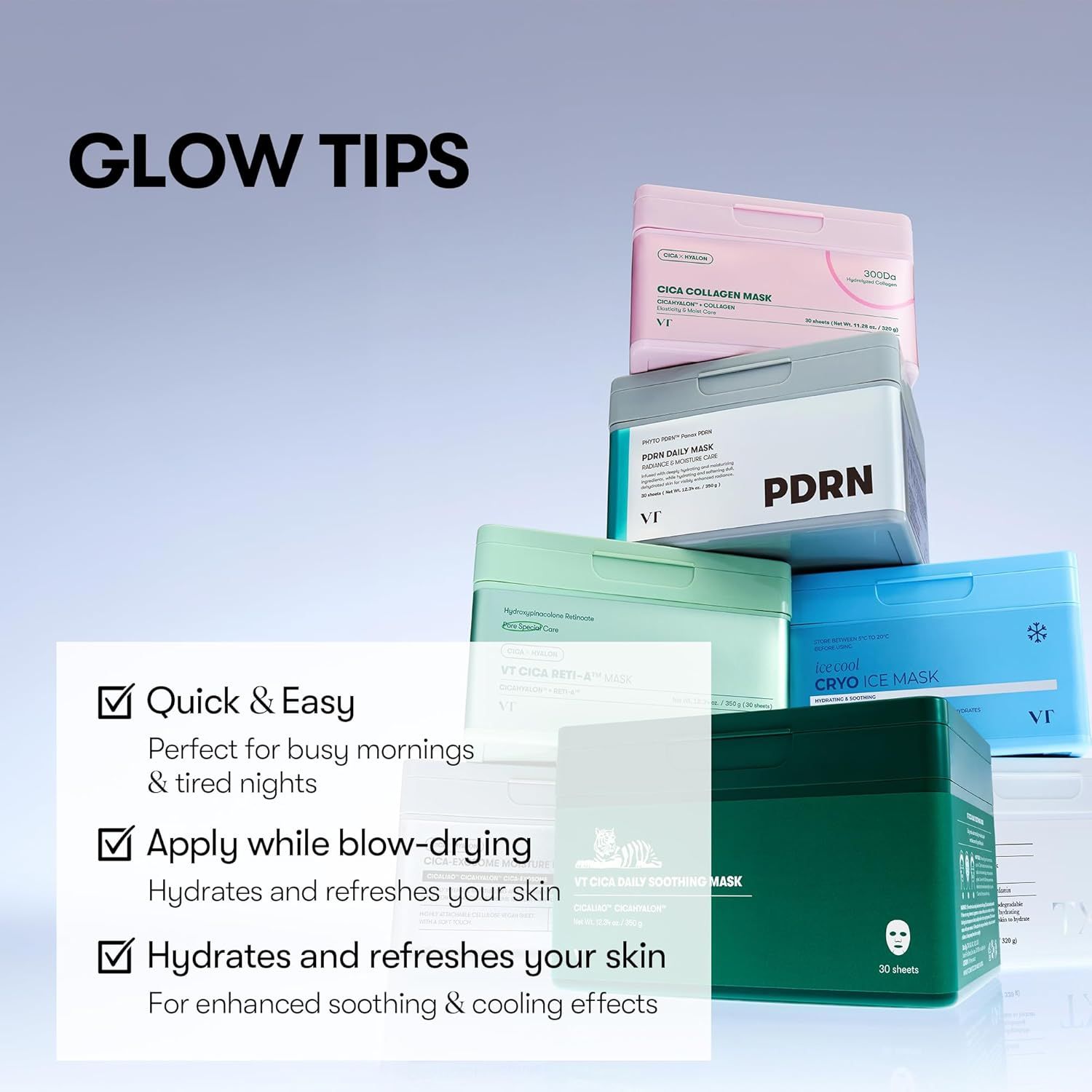 Verschillende maskers dozen. Tekst: Quick & Easy, Apply while blow-drying, Hydrates and refreshes your skin.