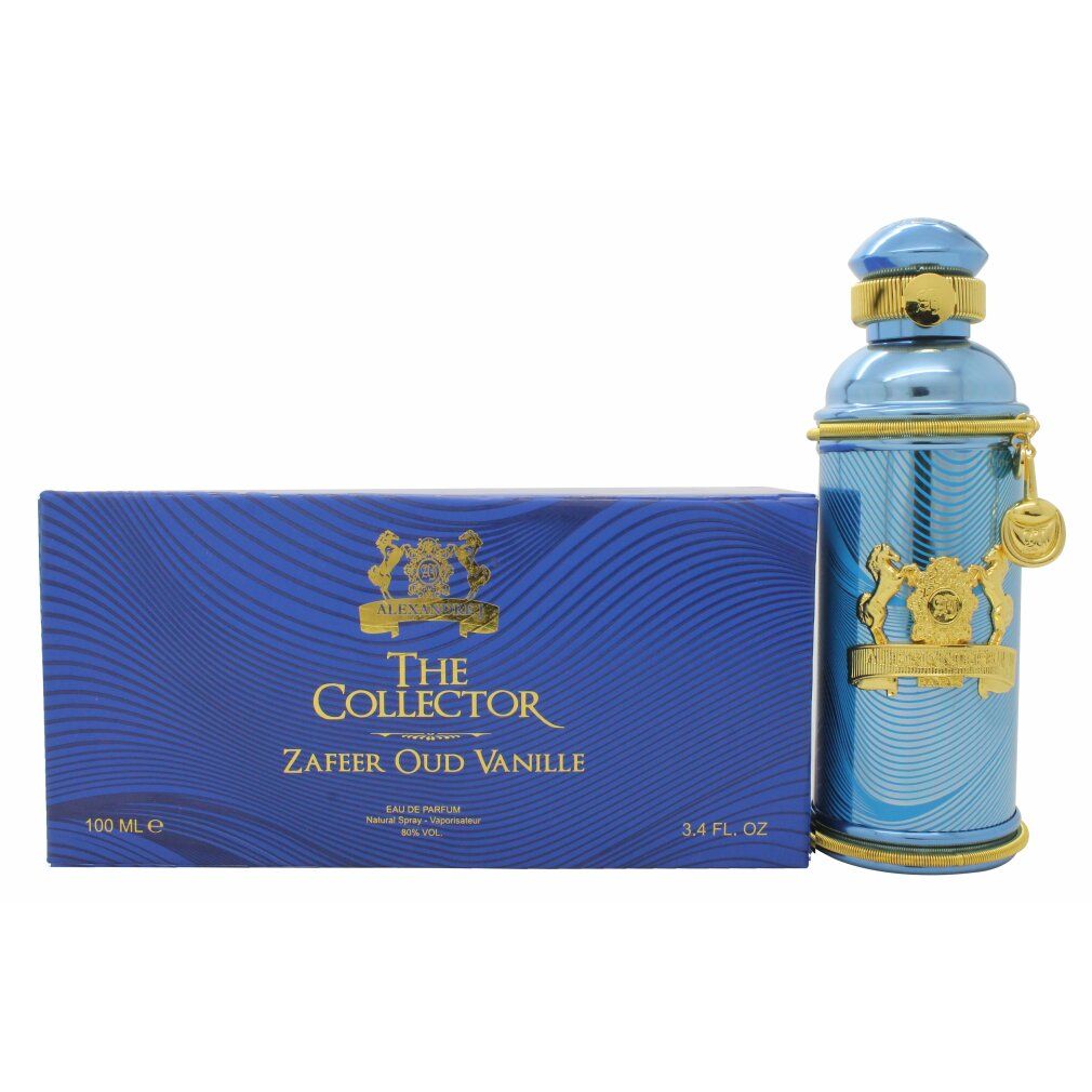 Boîte bleue et flacon côte à côte. Flacon: turquoise avec ornements dorés. Boîte: Alexandre.J The Collector Zafeer Oud Vanille.