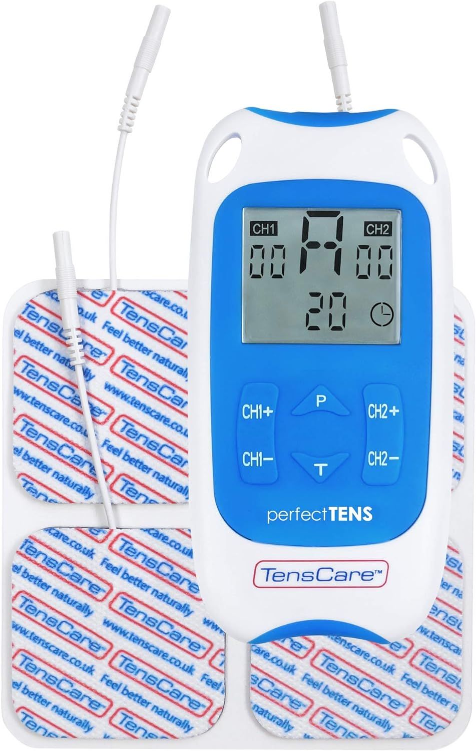 TENS-apparaat met blauw-witte behuizing, display en knoppen. Elektrodepads en kabels aangesloten. Merk: TensCare, model: perfectTENS.