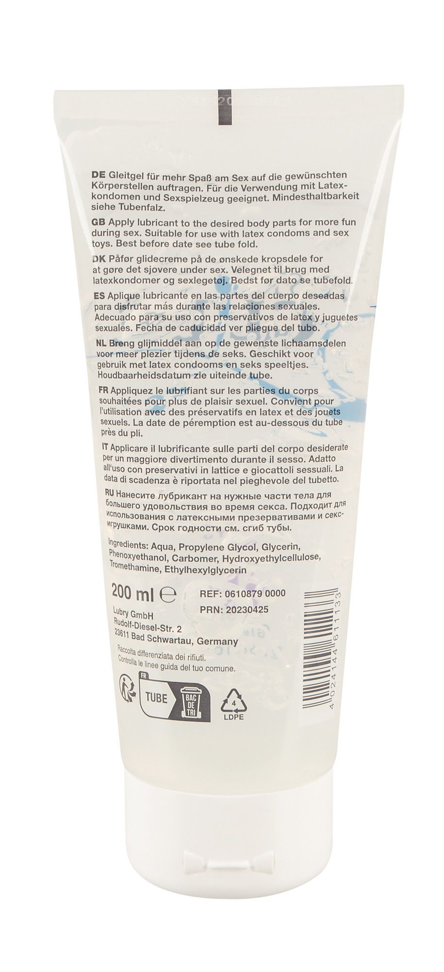 Arrière d'un tube de lubrifiant Just Glide avec instructions et ingrédients.