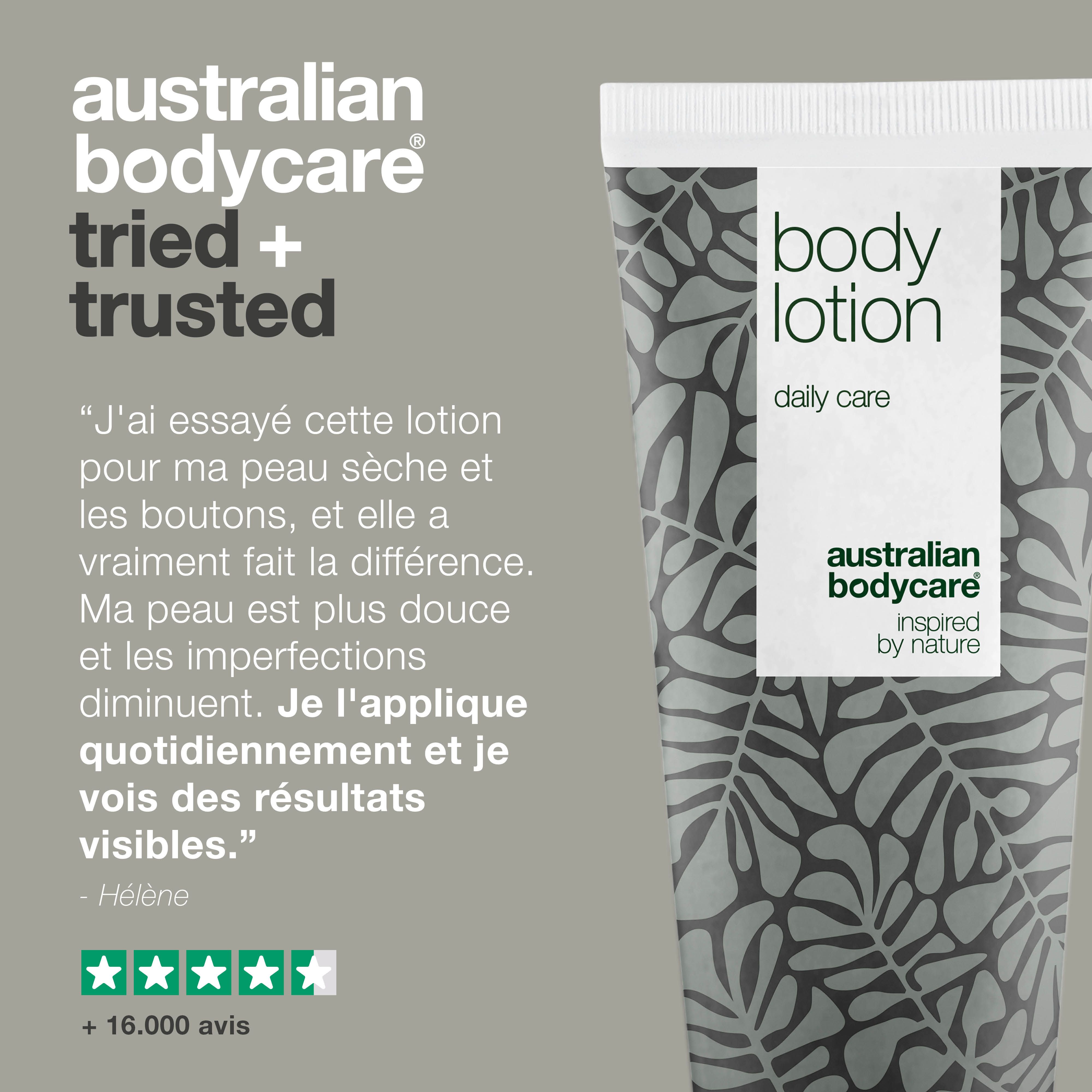 Tube : Body Lotion, daily care. Logo : Australian Bodycare. Texte : Tried + trusted.