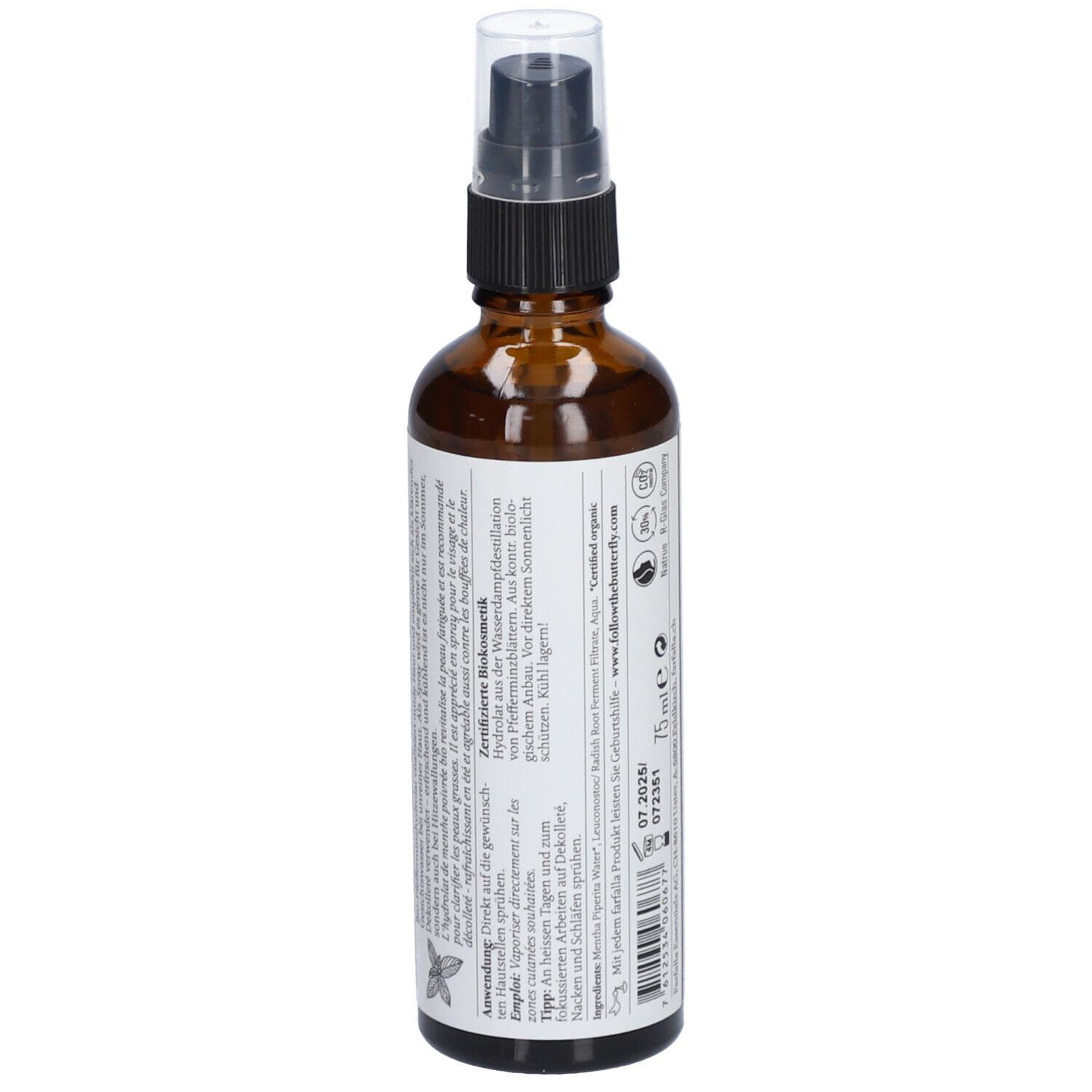 Flacon en verre brun avec vaporisateur. Étiquette avec informations produit et texte. Mode d'emploi et ingrédients.