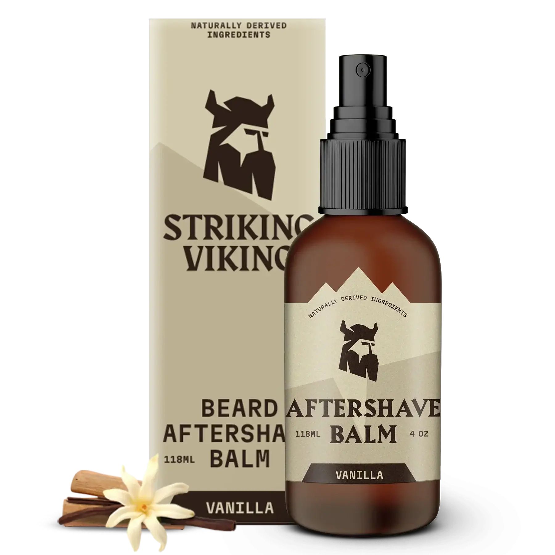 Bruine fles en verpakking met "STRIKING VIKING". Product: Aftershave balsem. Smaak: Vanille.