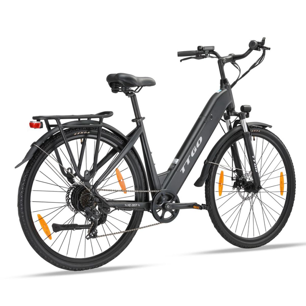 Vélo électrique noir TTGO. Porte-bagages, garde-boue, phares et réflecteurs. Pneus Kenda.