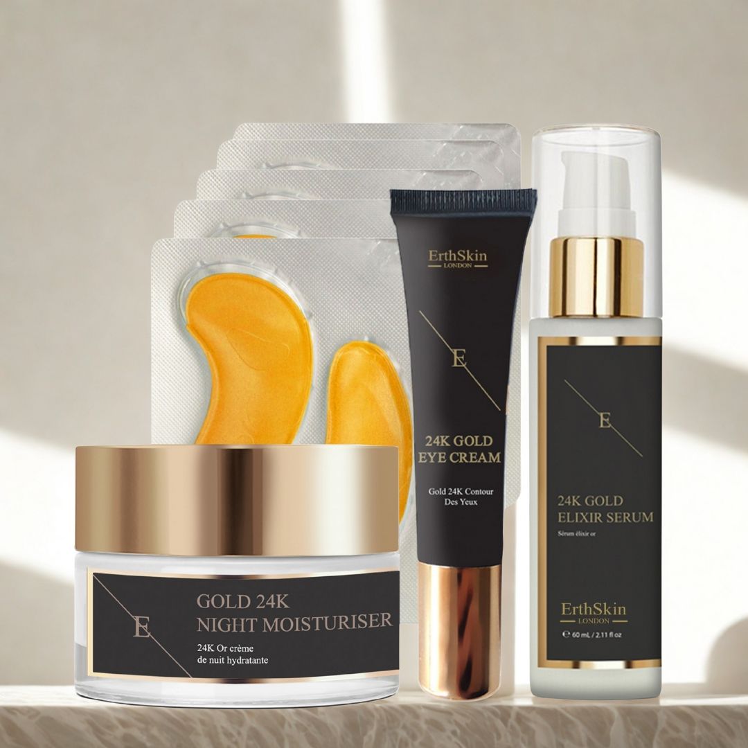 Produits ErthSkin London : crème de nuit, crème pour les yeux, sérum et patchs. Emballages noirs avec détails dorés. Sur fond clair.