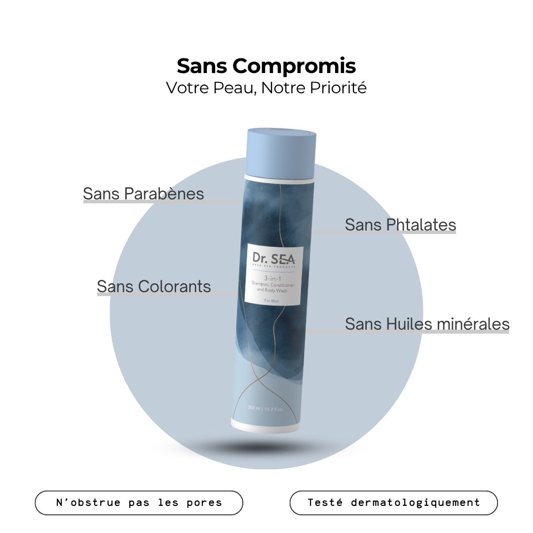 Flacon avec texte : "Dr. SEA 3-en-1", sans additifs.
