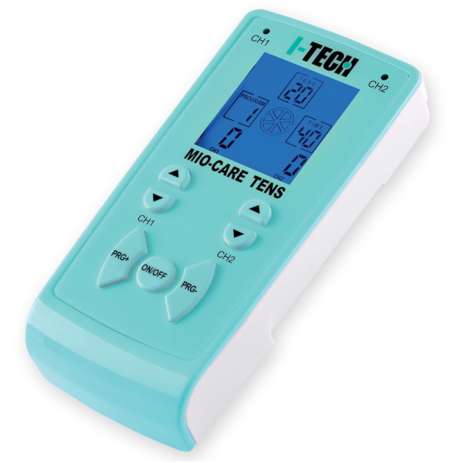 Appareil d'électrothérapie bleu et blanc. Écran avec affichage numérique. Boutons CH1, CH2, PRG+, ON/OFF, PRG-. Marque I-TECH.