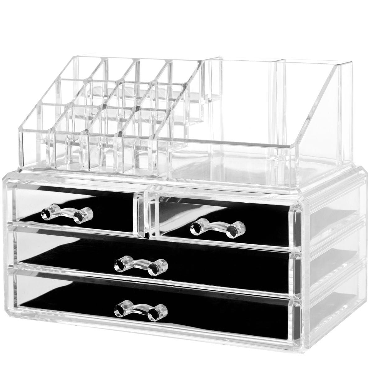 Lege, transparante acryl make-up organizer met veel vakken voor lippenstift en lades.