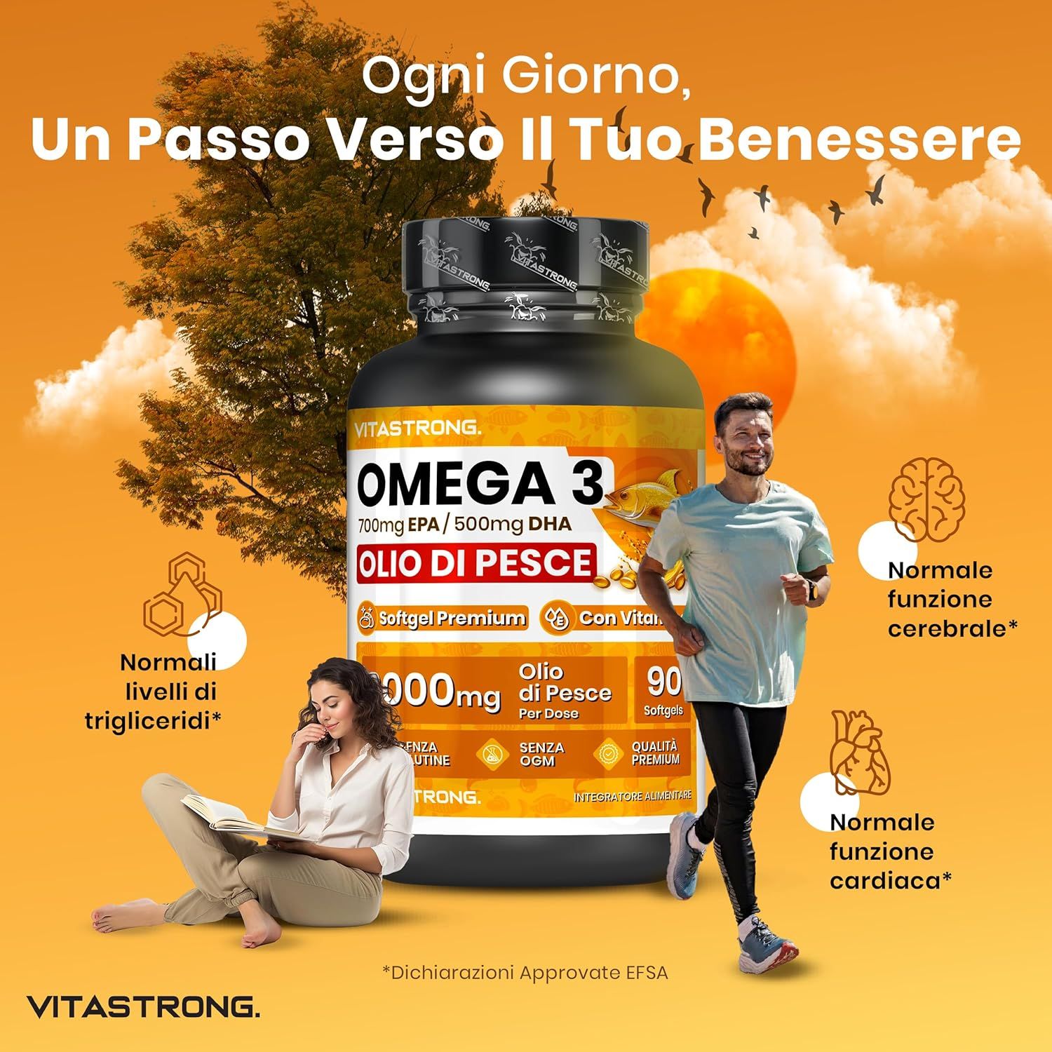 Vitastrong Omega 3 fles. Man jogt, vrouw leest. Grafieken: hersenen, hart, triglyceriden. Tekst: 'Un passo verso il tuo Benessere'.