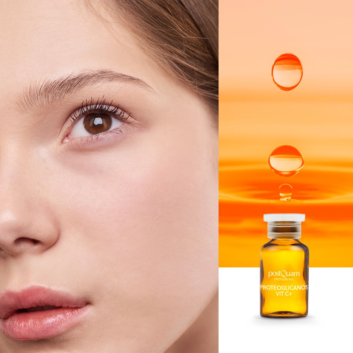 Visage d'une femme et illustration de gouttes et d'une ampoule. Inscription : Proteoglicanos Vit C+.