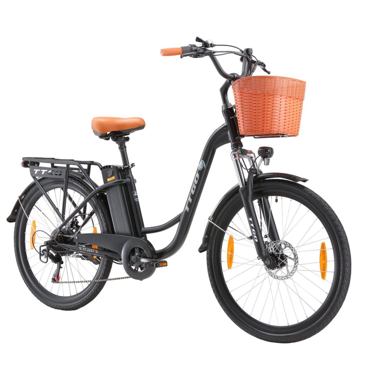 Vélo électrique noir avec panier, selle marron et poignées orange. Logo TTGO sur le cadre.