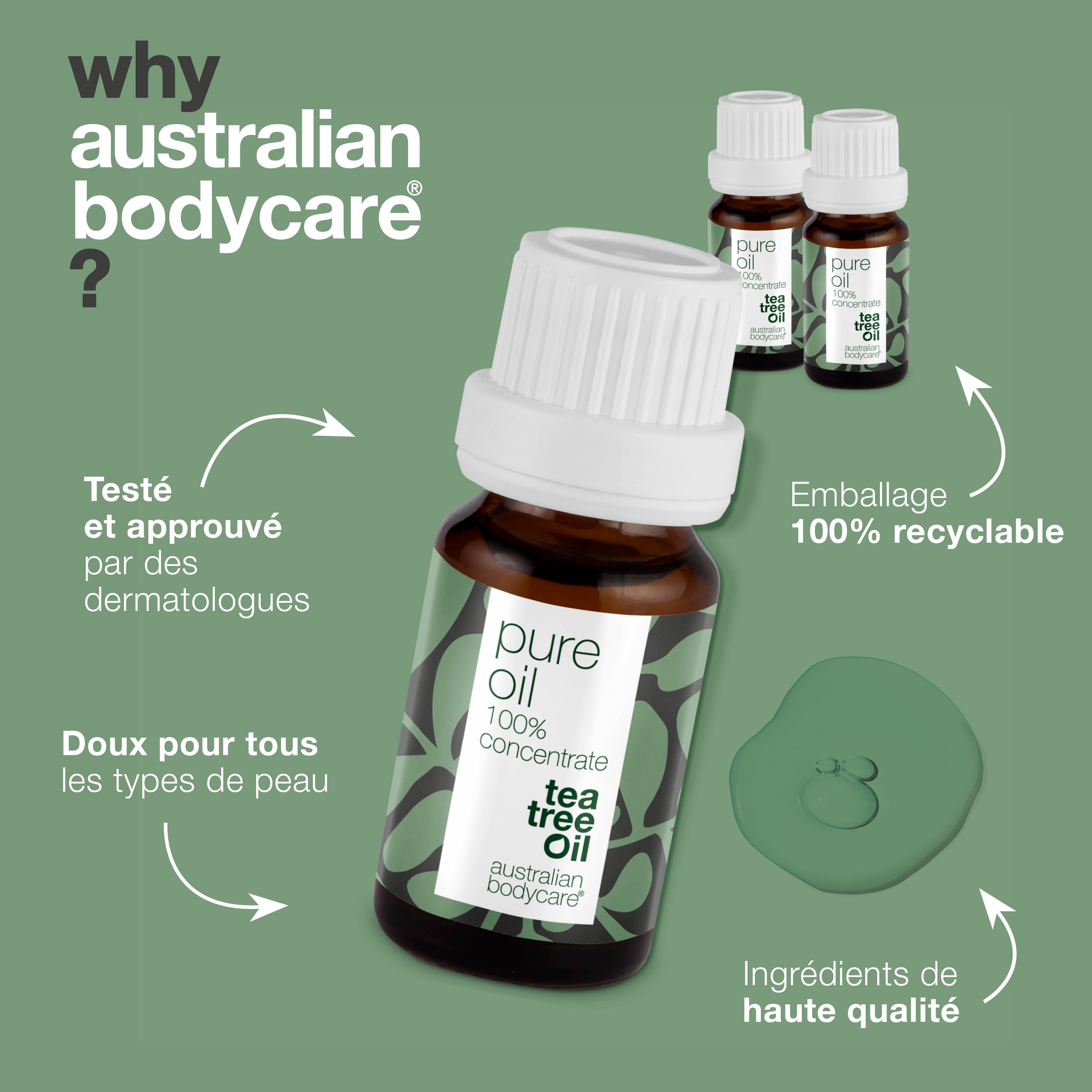 Flacon d'huile d'arbre à thé. Inscription : Pure Oil, 100% Concentrate, Tea Tree Oil. Texte : Pourquoi Australian Bodycare ?