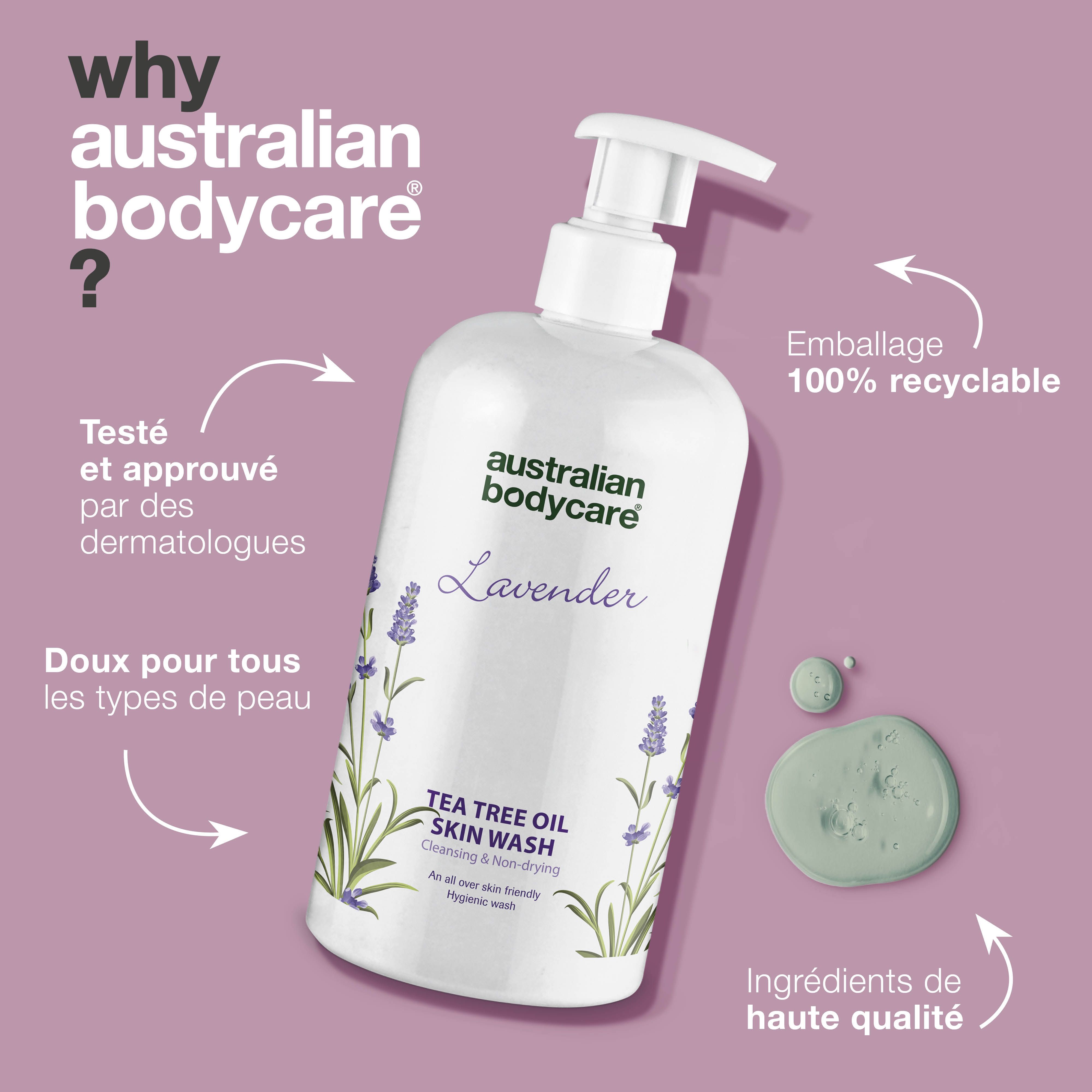 Image du produit: flacon avec pompe. Texte: Australian Bodycare, Lavender, Tea Tree Oil Skin Wash.