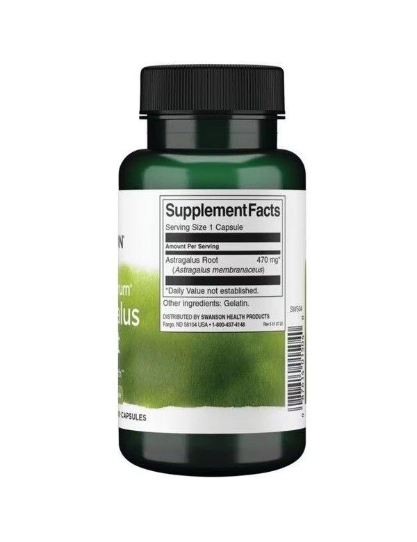 Achterkant van een SWANSON Astragalus Root fles, Supplement Facts met 470 mg per capsule.