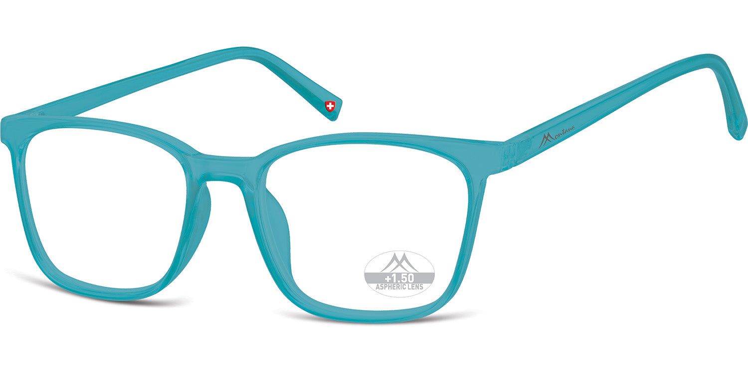 Lunettes turquoise à monture rectangulaire. Croix suisse sur la branche. Logo et +1.50 sur les verres.