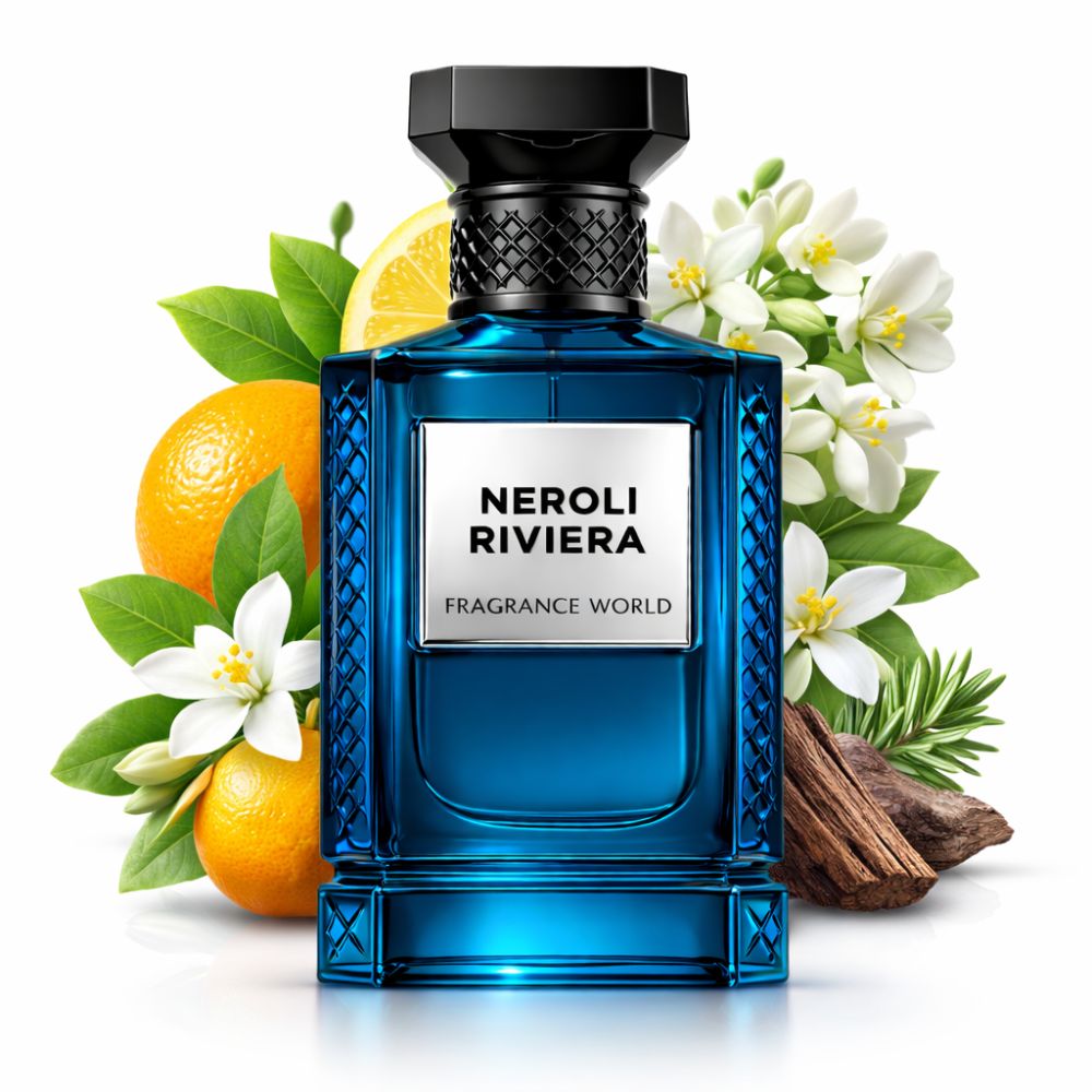 Flacon de parfum bleu avec inscription : Neroli Riviera, Fragrance World. Avec oranges, citron, fleurs et bois.