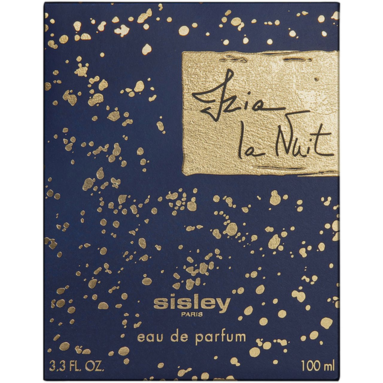 Boîte bleu foncé avec éclats dorés et inscription "Izia la Nuit". Marque Sisley.