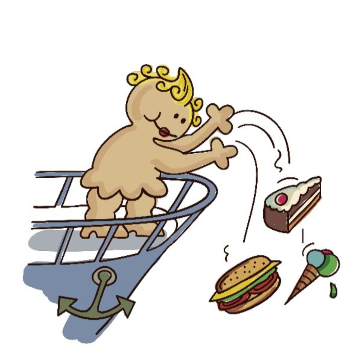 Illustratie: kind gooit eten van een schip. Taart, sandwich en ijs vliegen. Achtergrond wit.