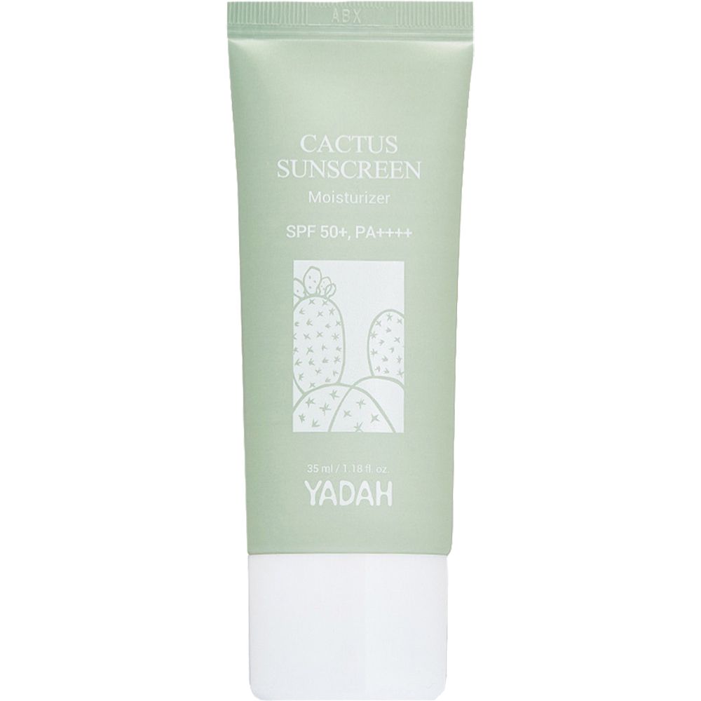 Groene tube "Cactus Sunscreen" SPF 50+. Cactus logo. Merk "YADAH".