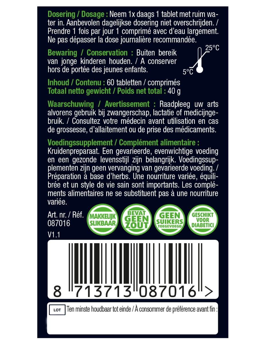 Tekst op blauwe achtergrond. Info over dosering, bewaring, inhoud en waarschuwingen. Bevat 60 tabletten.