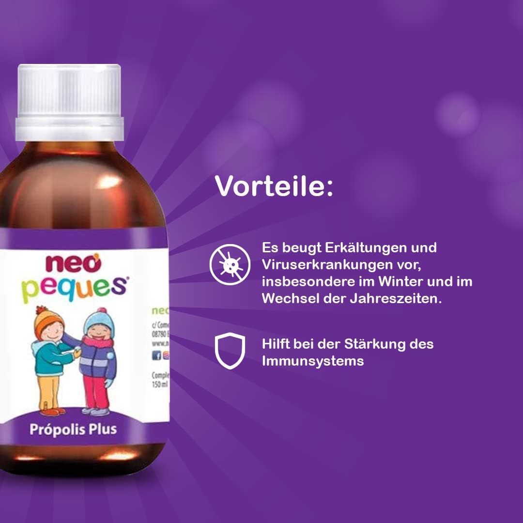 Bruine fles met witte dop. Etiket met productnaam en illustratie van kinderen. Tekst: Voordelen: Voorkomt verkoudheid, versterkt immuunsysteem.