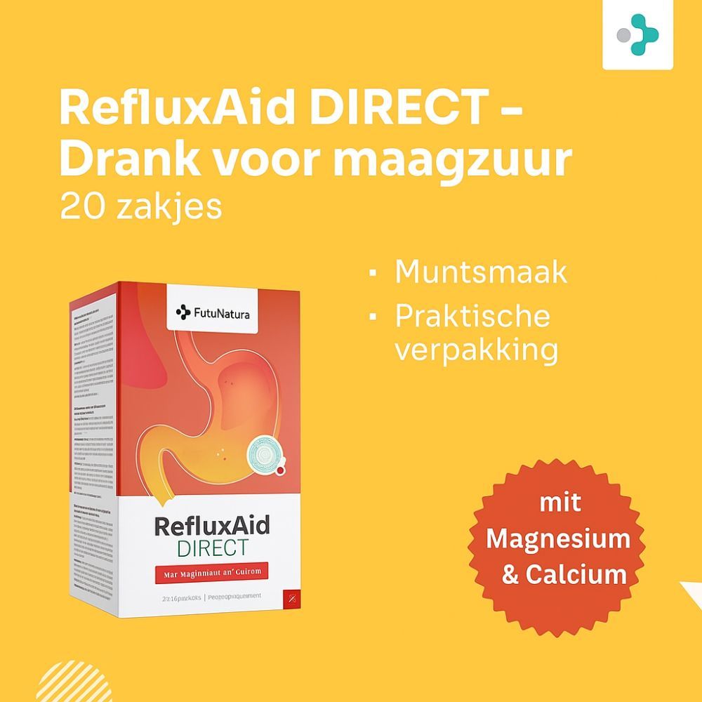 Verpakking RefluxAid DIRECT, met magnesium en calcium. 20 liquid sticks. Muntsmaak.