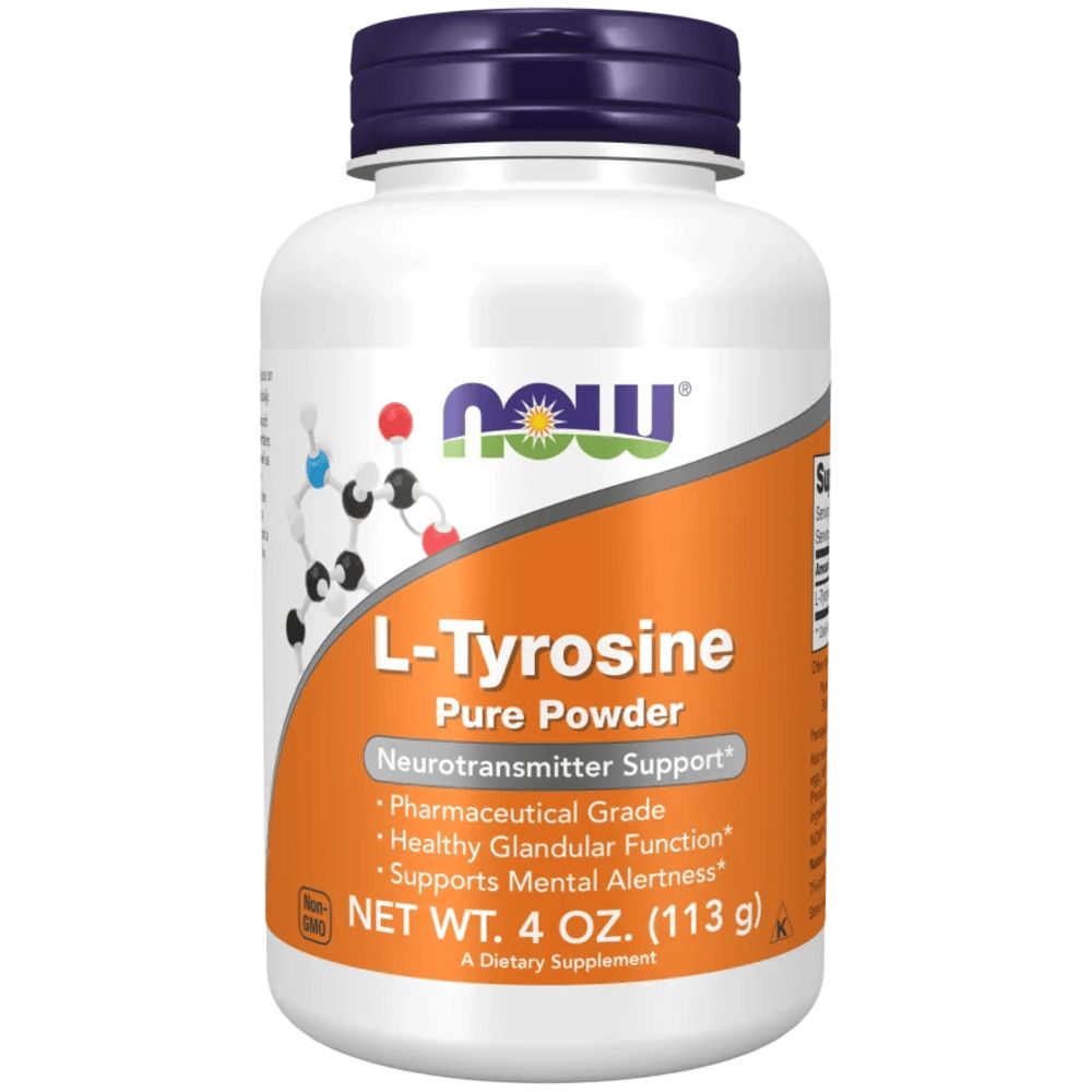 Flacon blanc avec couvercle bleu. Inscription : L-Tyrosine, Pure Powder. Étiquette orange avec texte. Marque : NOW.