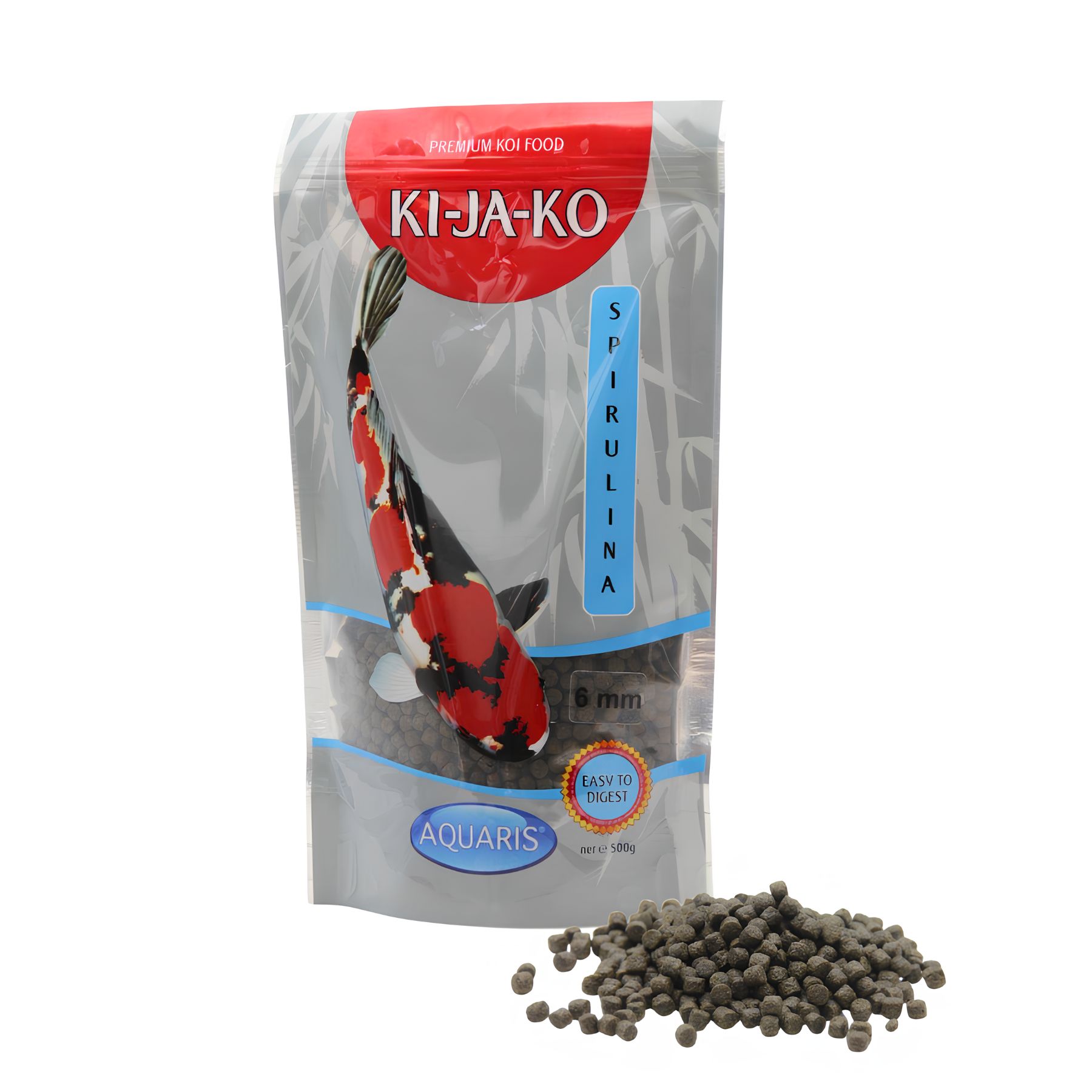 KI-JA-KO Koifischfutter Spirulina Plus 6 mm. Zakje met koi-afbeelding en pellets. Tekst: Spirulina, 6 mm, Gemakkelijk te verteren.
