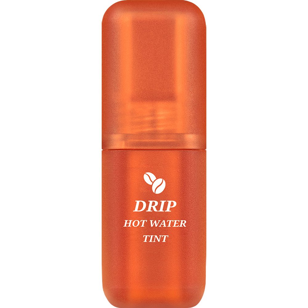 Teinte à lèvres orange. Inscription: Drip Hot Water Tint. Symbole de grains de café.