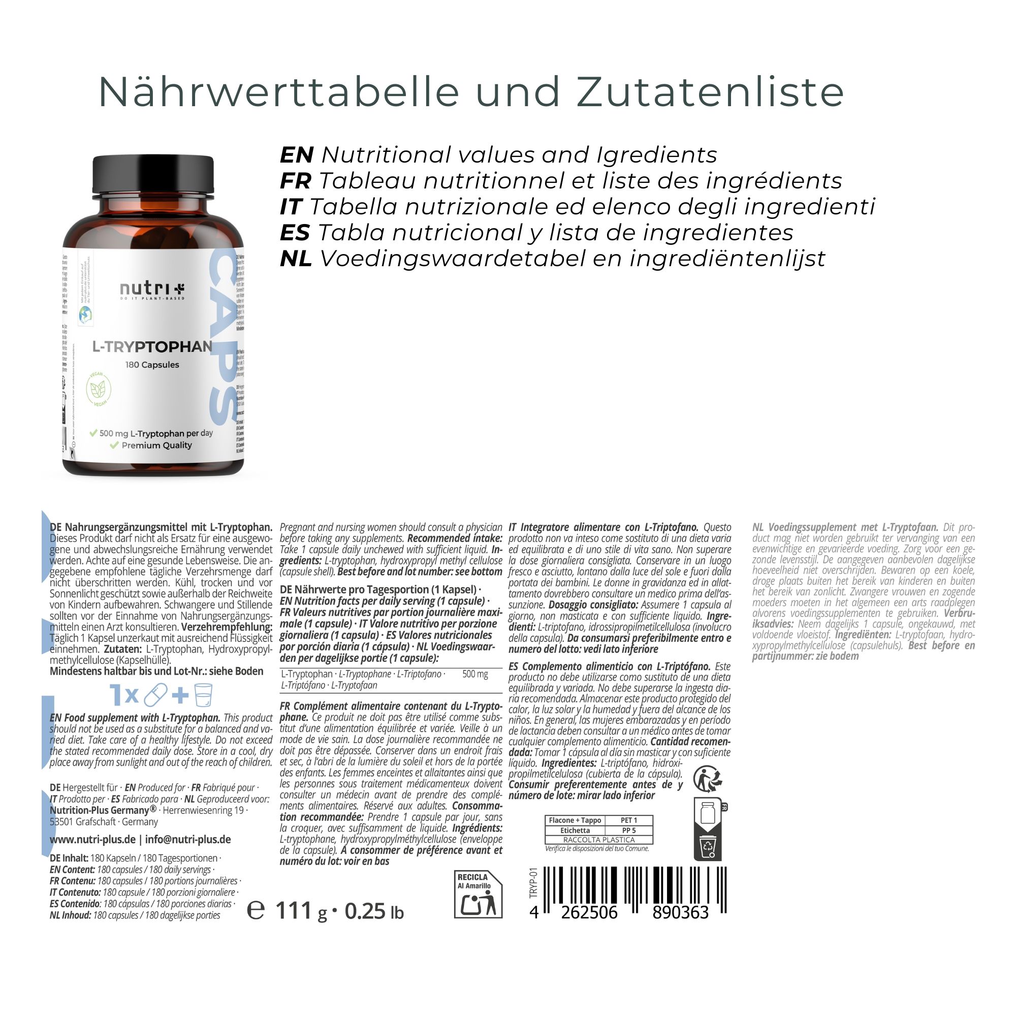 Flacon brun de gélules nutri+ L-Tryptophan. Dos avec tableau nutritionnel et liste des ingrédients. Texte en allemand, anglais, italien et néerlandais.