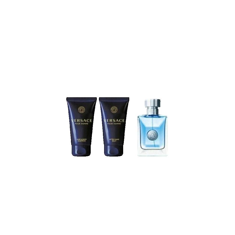 Drie producten: twee blauwe tubes en een blauwe fles met zilveren dop. Op de tubes staat "Versace Pour Homme".