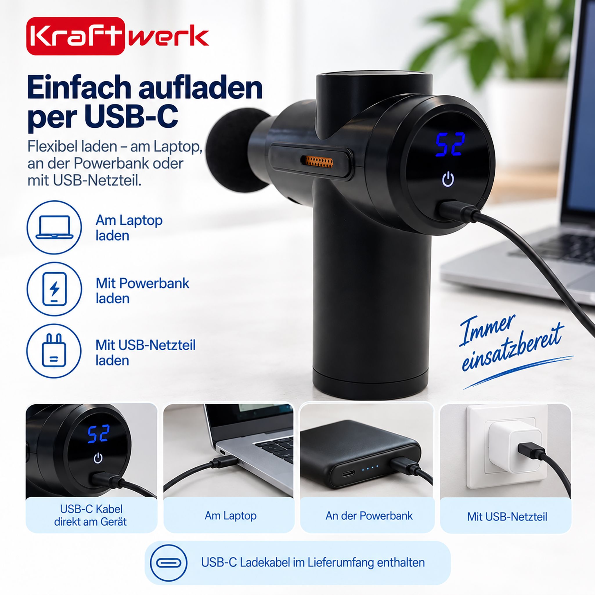 Pistolet de massage chargé via USB-C avec un ordinateur portable, une banque d'alimentation ou un adaptateur.