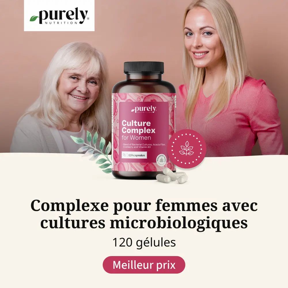 Deux femmes et flacon. Inscription : Complexe pour femmes avec cultures microbiologiques. 120 gélules. Marque : purely nutrition.