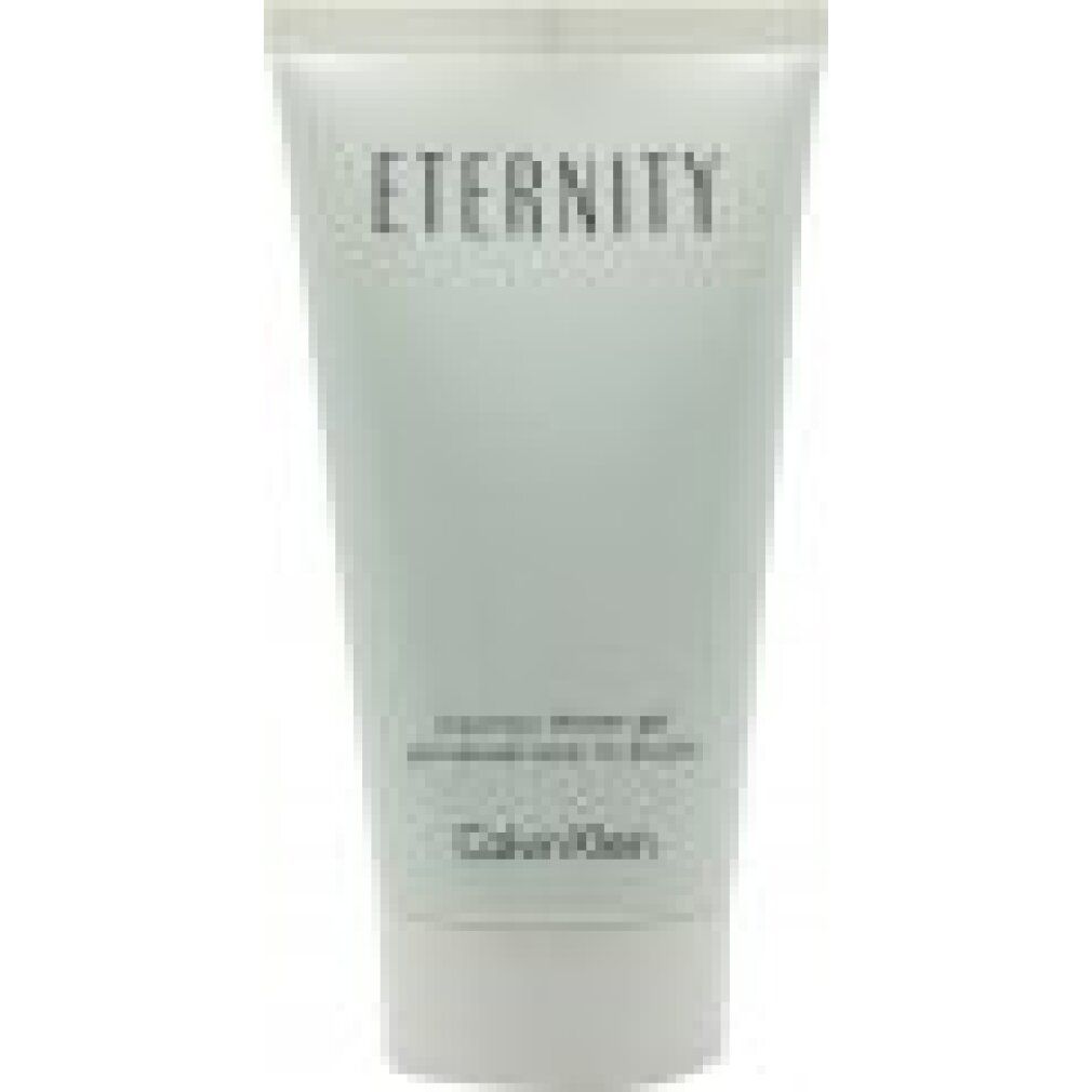 Tube de gel douche vert clair Eternity de Calvin Klein. Inscription Eternity, Calvin Klein.