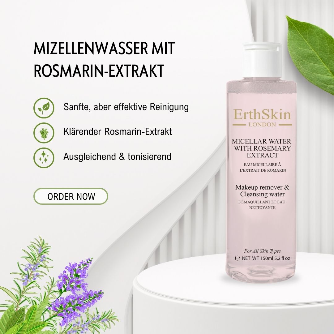 Productfles met tekst en iconen. Tekst: "Mizellenwasser mit Rosmarin-Extrakt". Iconen: eigenschappen. Achtergrond: wit.