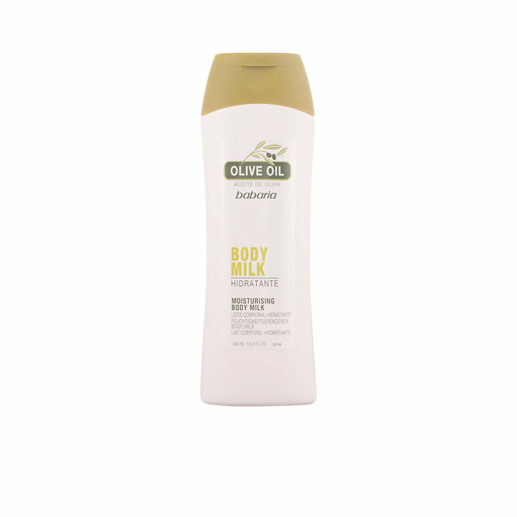 Babaria Body Milk fles met olijfolie logo. Witte container met goudkleurige dop.