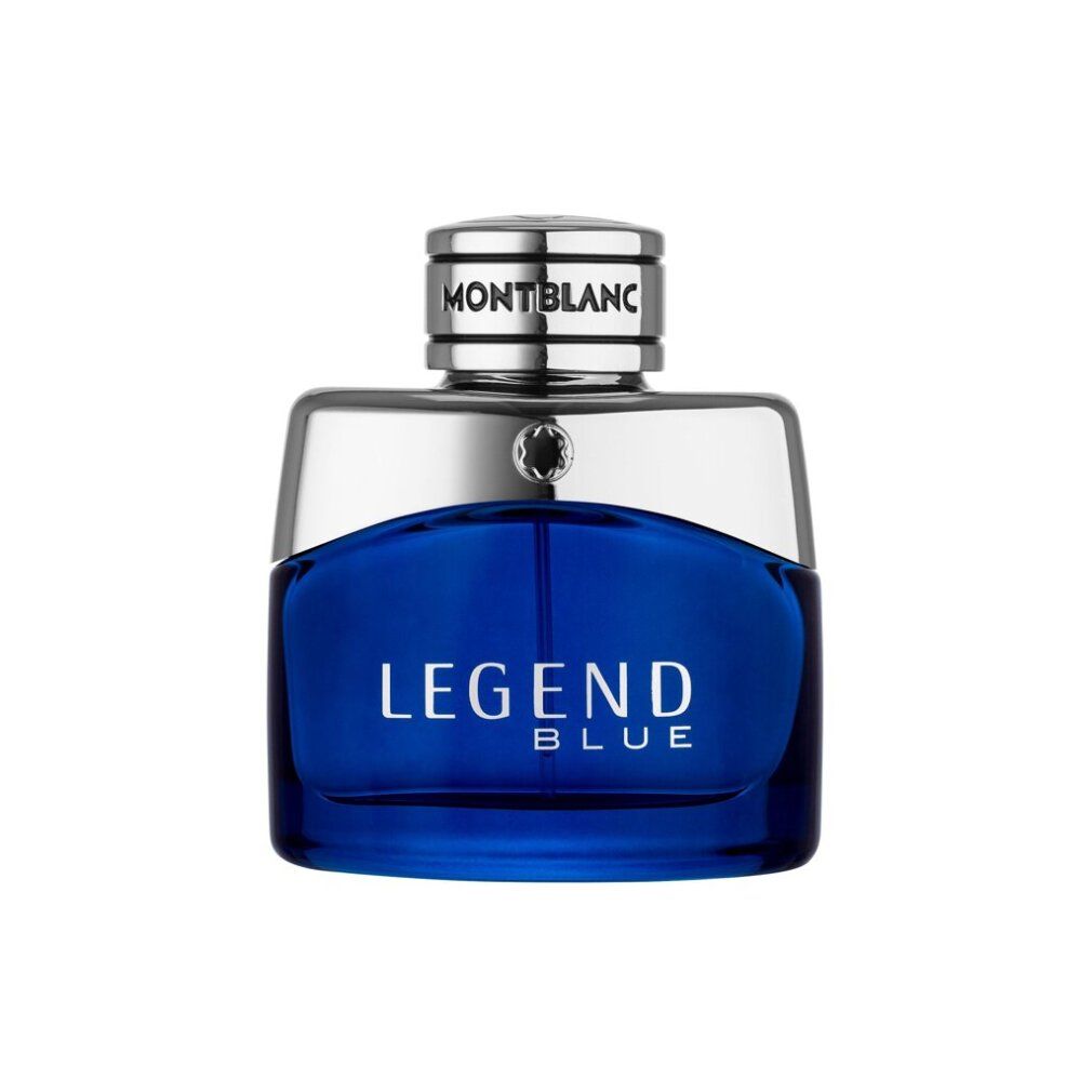 Blauwe fles met zilveren dop. Opschrift: LEGEND BLUE, MONTBLANC.