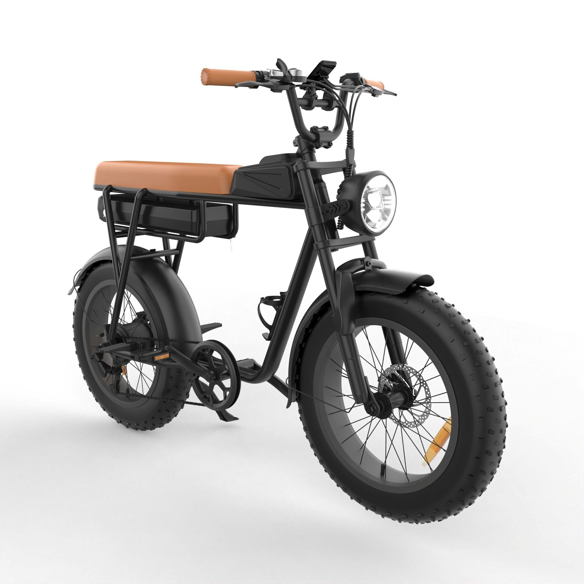 Zwarte e-bike met bruin zadel. Vooraanzicht, brede banden. YAMALI FXH-006.