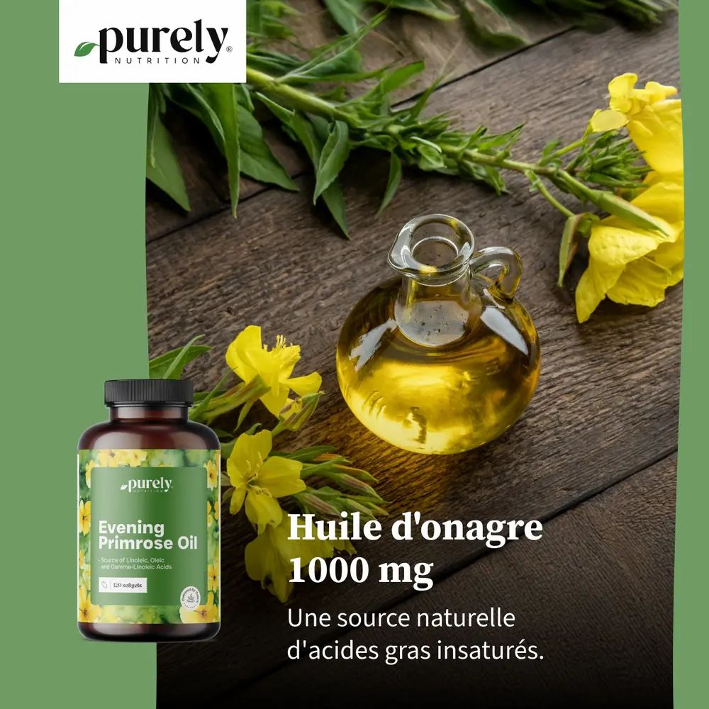 Flacon d'huile d'onagre 1000 mg à côté d'huile dans un récipient en verre. Plantes et fleurs sur bois.