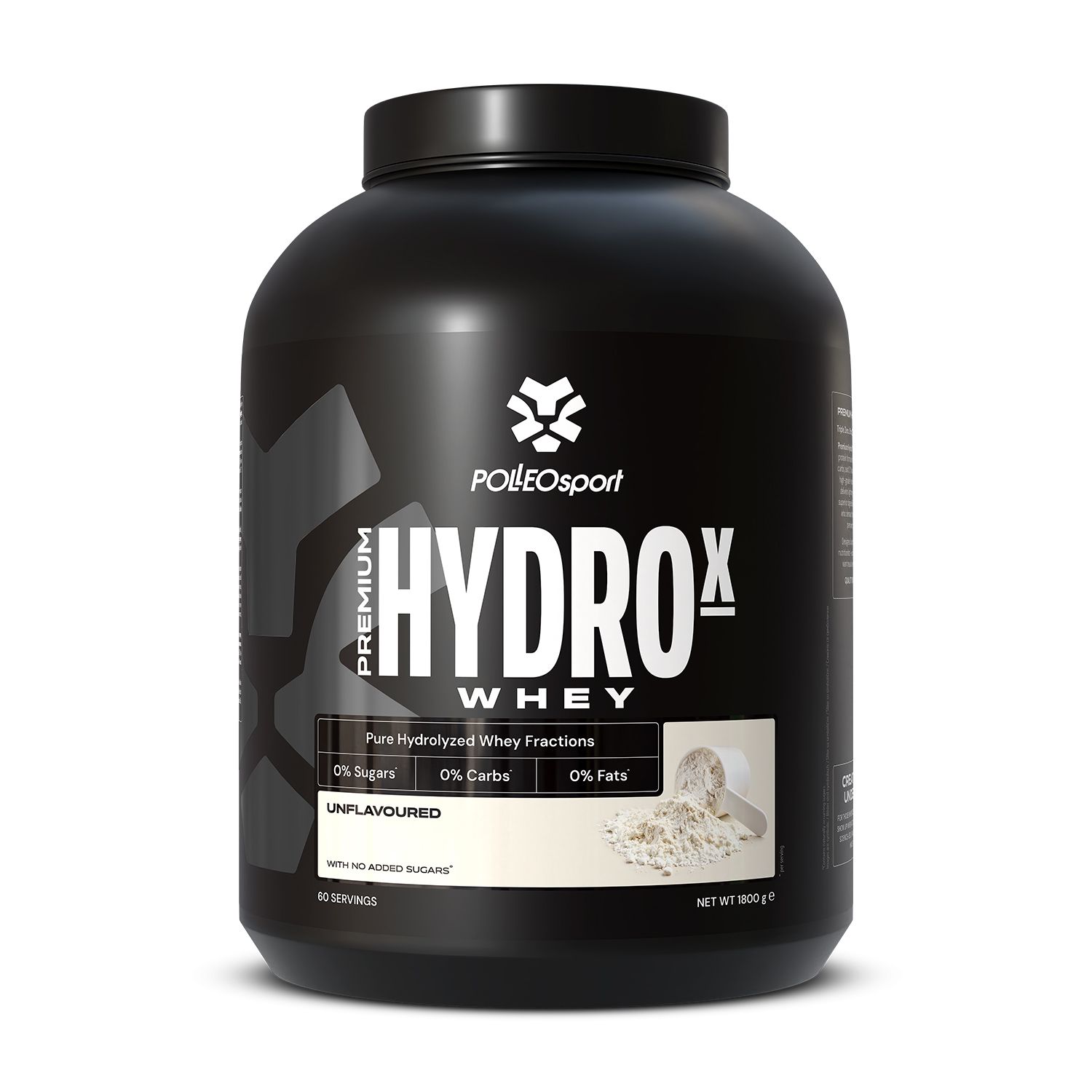 Pot noir "HYDROX Whey" avec poudre blanche. 0% sucre, 0% glucides, 0% matières grasses. Marque PolleoSport. Non aromatisé.