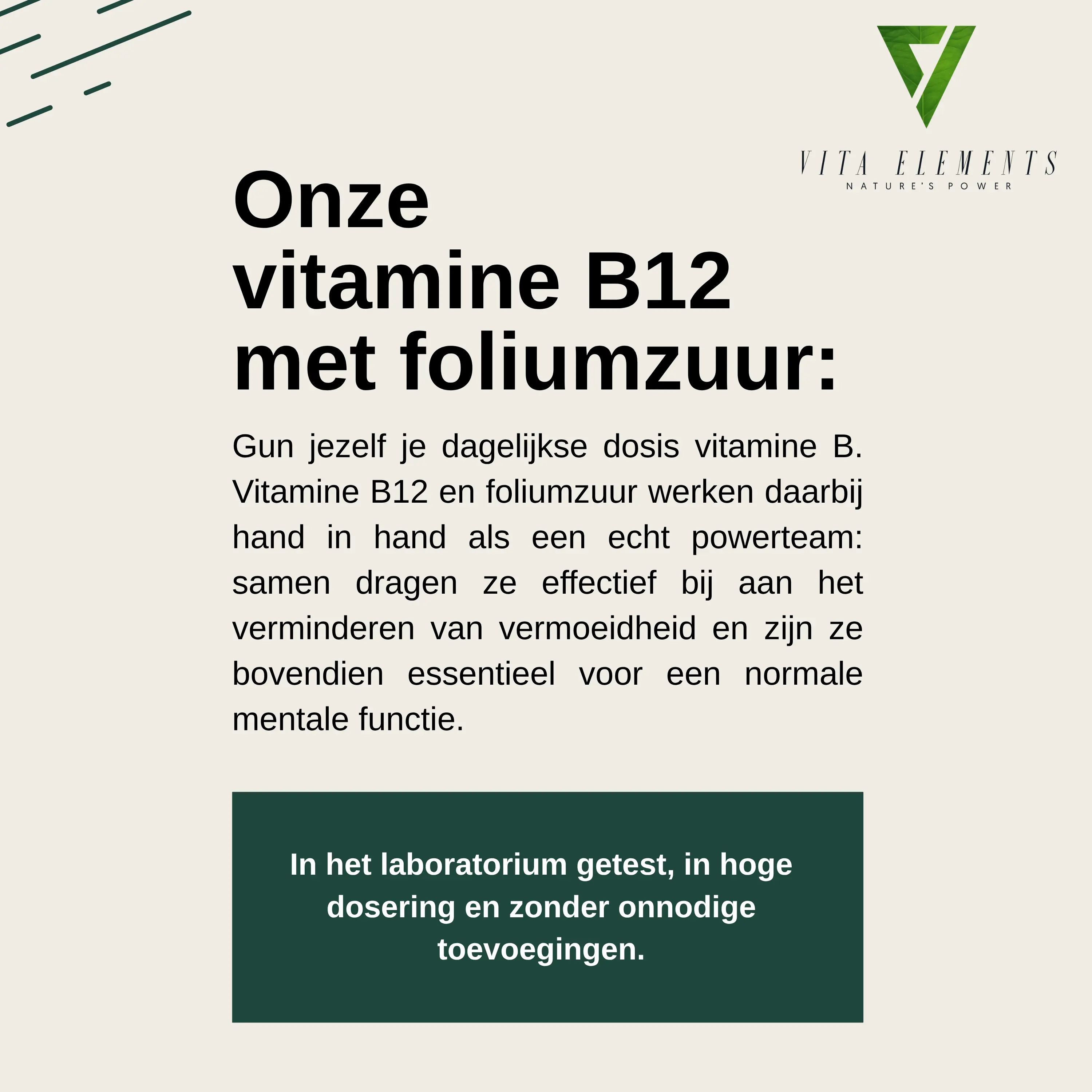 Tekstafbeelding: Onze vitamine B12 met foliumzuur. Informatie over werking en toevoegingen.