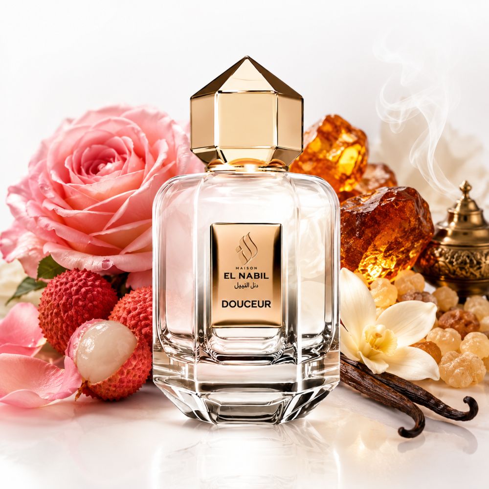 Transparante glazen flacon met gouden dop, omringd door rozen, lychees en vanille. Het etiket vermeldt 'EL NABIL DOUCEUR'.