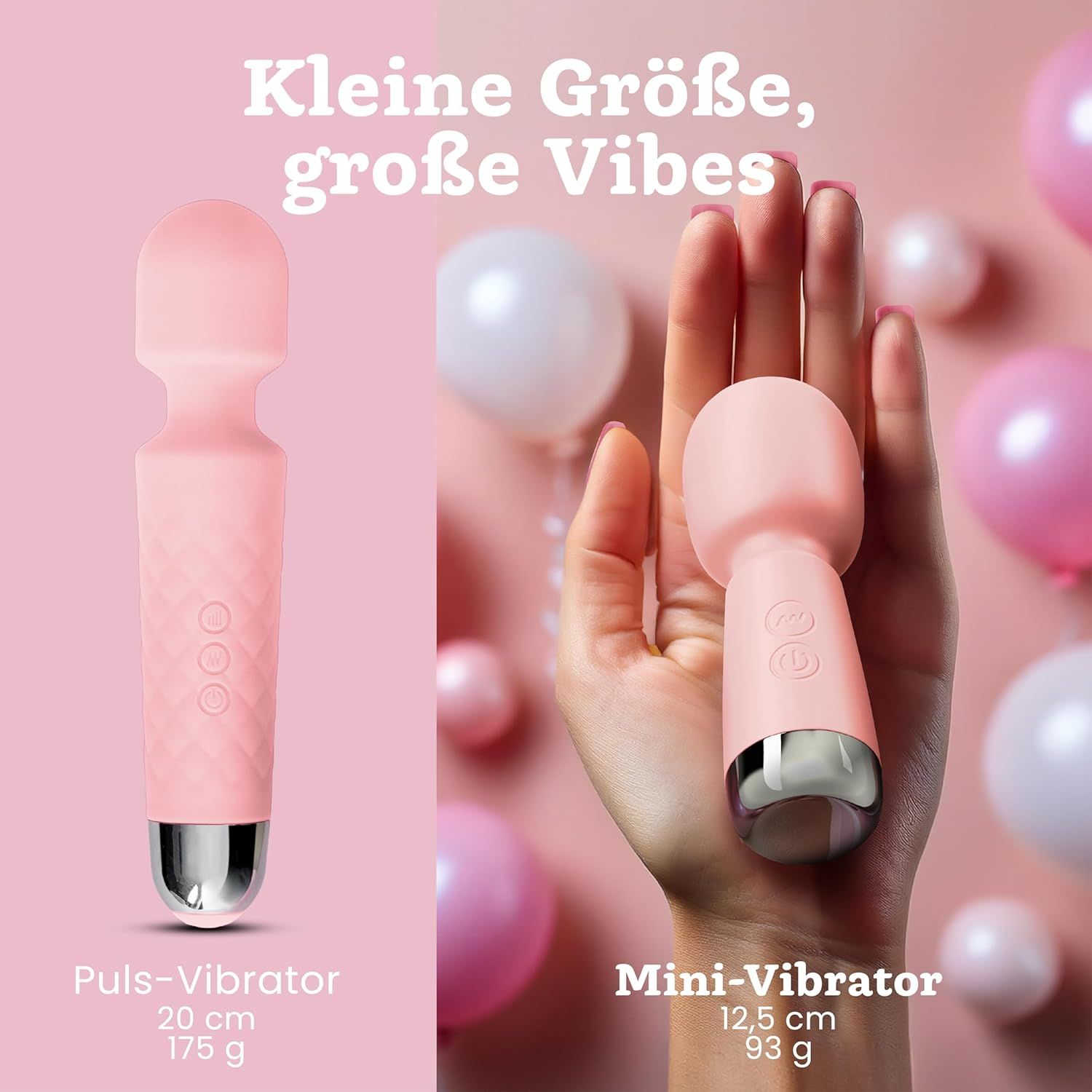 Comparaison de deux vibromasseurs roses : un vibromasseur pulsant long (20 cm) et un mini vibromasseur (12,5 cm) dans une main.