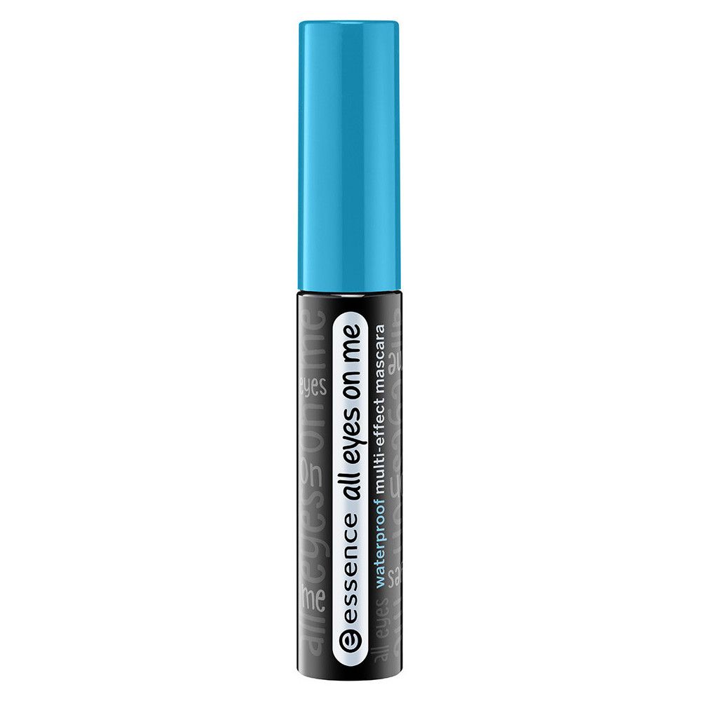 Tube de mascara noir avec bouchon bleu. Inscription: essence all eyes on me waterproof multi-effect mascara.
