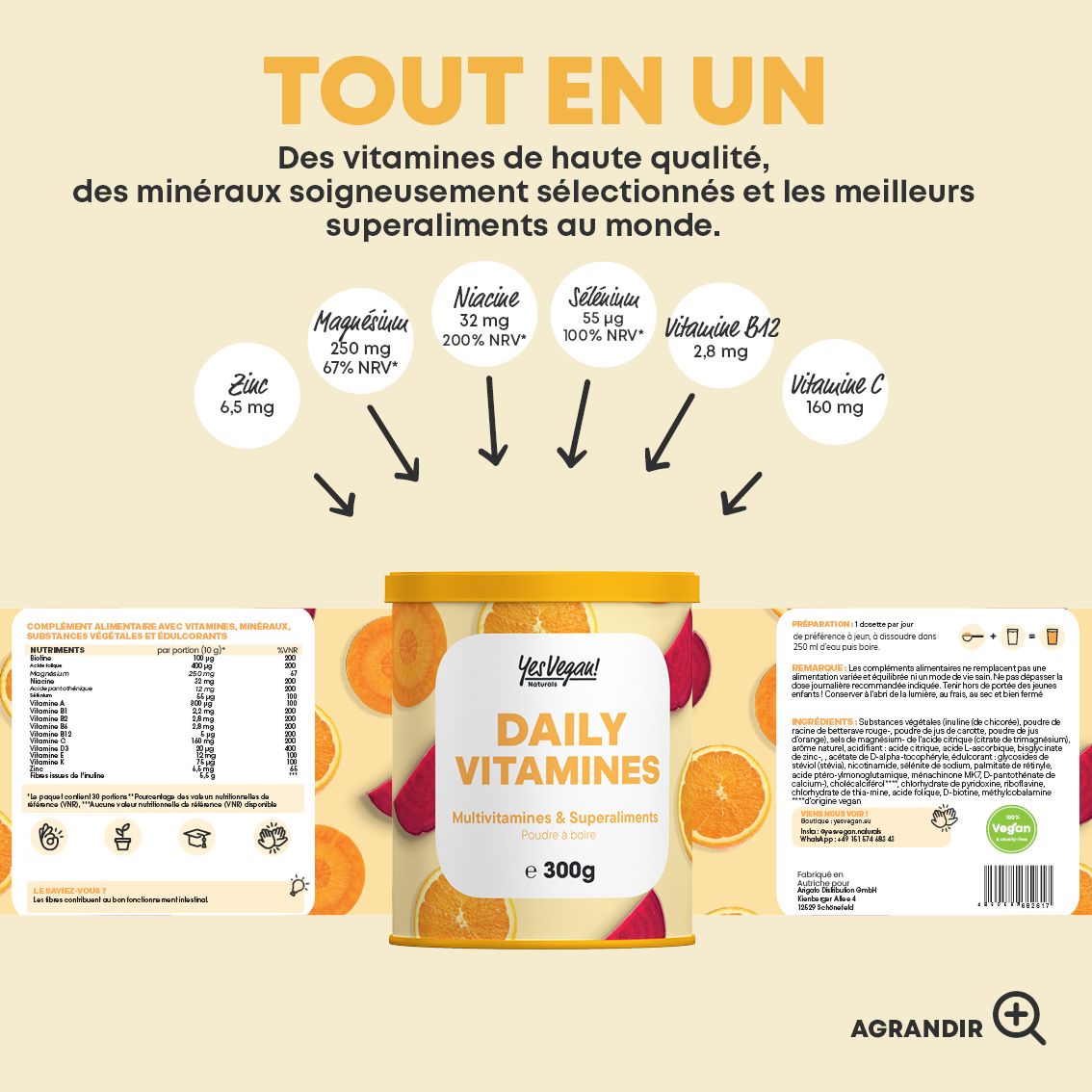 Infographie avec vitamines et minéraux. Boîte de poudre de vitamines avec inscription Daily Vitamins & Minerals.