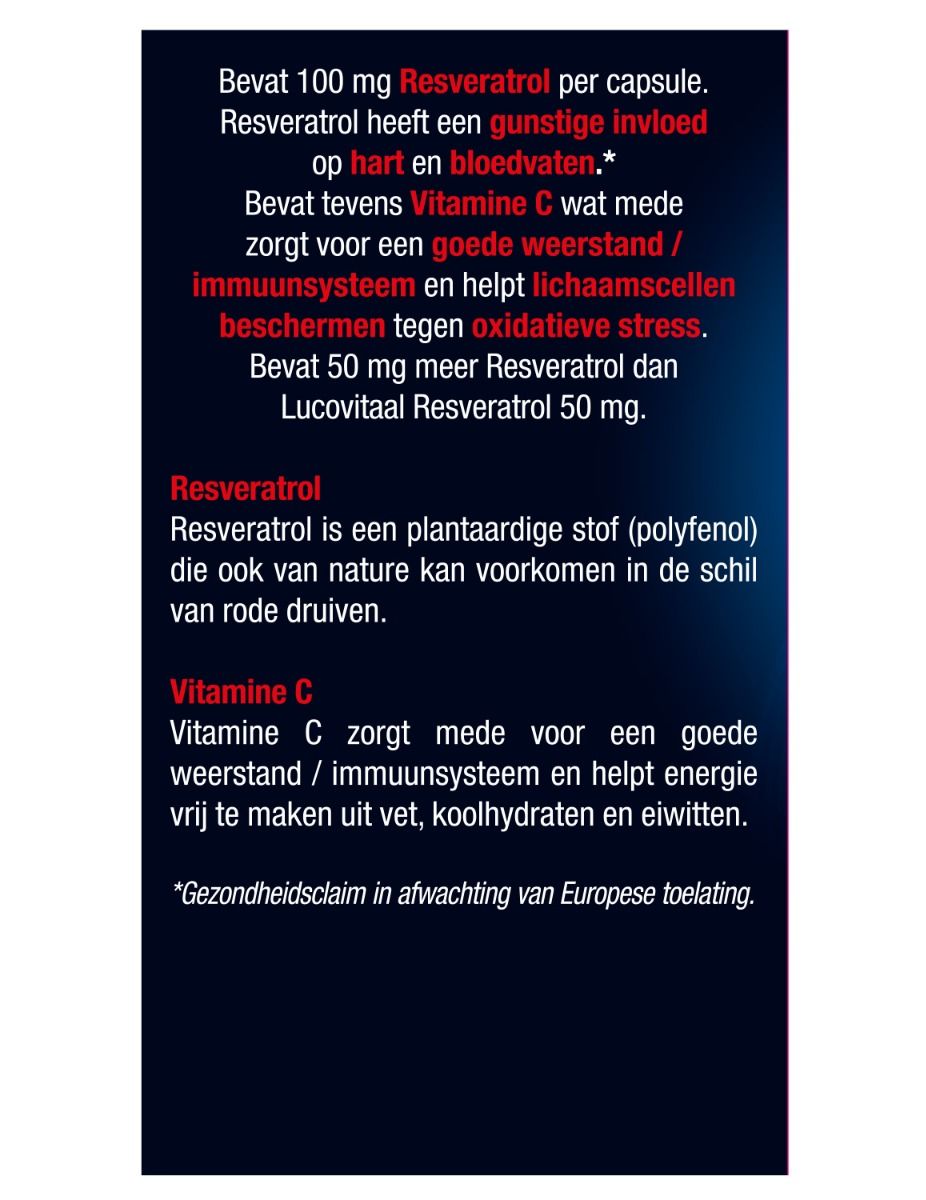 Tekst op de verpakking: 'Bevat 100 mg Resveratrol per capsule'. Informatie over resveratrol en vitamine C. Gezondheidsclaim.