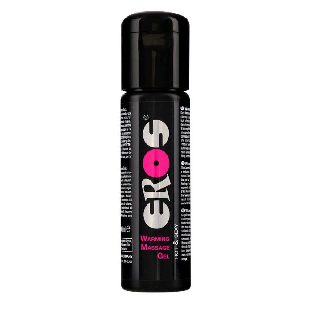 Eros Warming Massage Gel in zwarte fles met zilveren logo en roze cirkel.