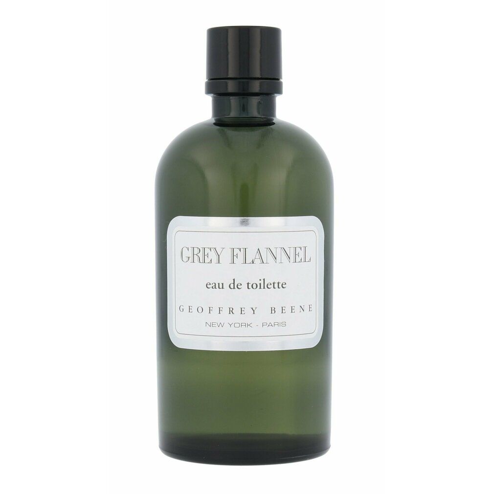 Flacon gris avec étiquette "Grey Flannel eau de toilette" et logo "Geoffrey Beene".